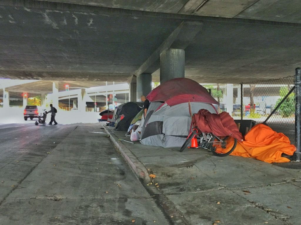 Photo of homeless tents below a highway overpass